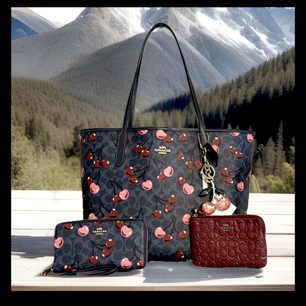 NWT Coach Cherry Print Tote w/Lg Wallet Glitter Wristlet & Bag Charm 4Piece Set